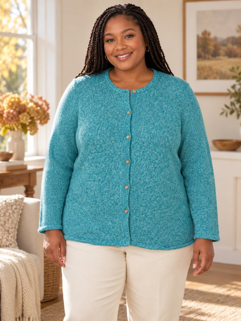 L.L.Bean Teal Marled 100% Cotton Button Front Cardigan Sweater 3X
